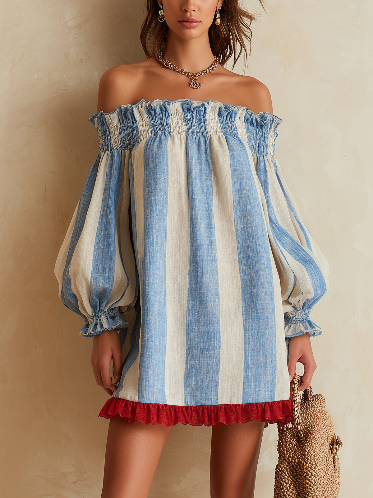 Ondine – Minivestido às riscas com ombros descobertos