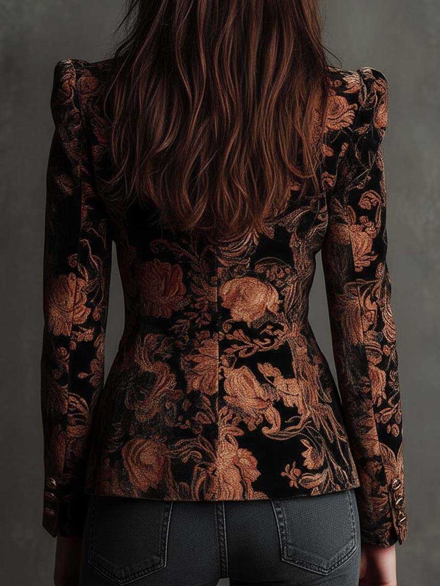 Blazer Feminino Cintado Preto e Bronze com Padrão Floral