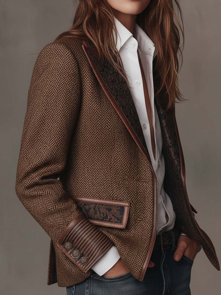 Blazer Feminino com Padrão Espinha de Peixe e Detalhes Estampados