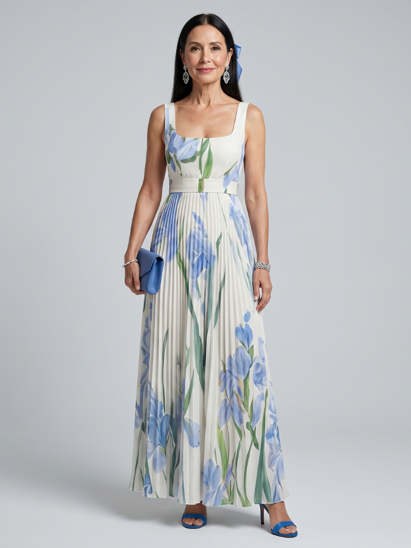 Ophelia | Vestido midi sem mangas com padrão floral e decote quadrado