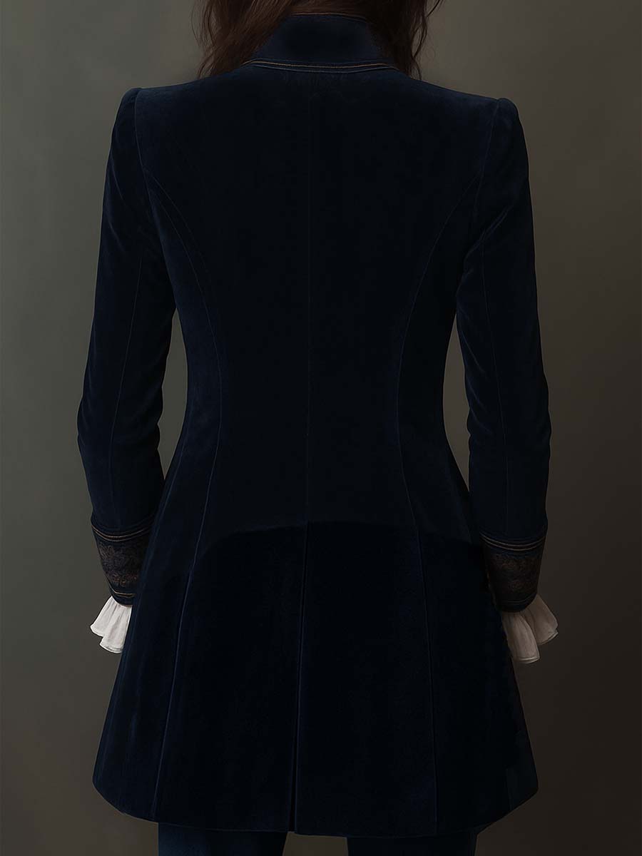 Casaco Longo Vintage Feminino Azul-Marinho com Bordado