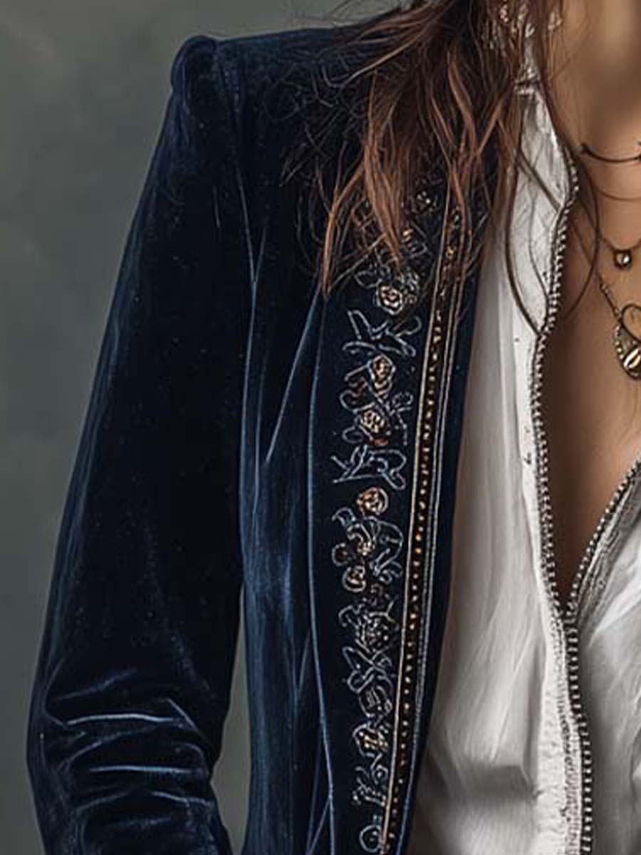 Casaco Longo Vintage Feminino Azul-Marinho com Bordado