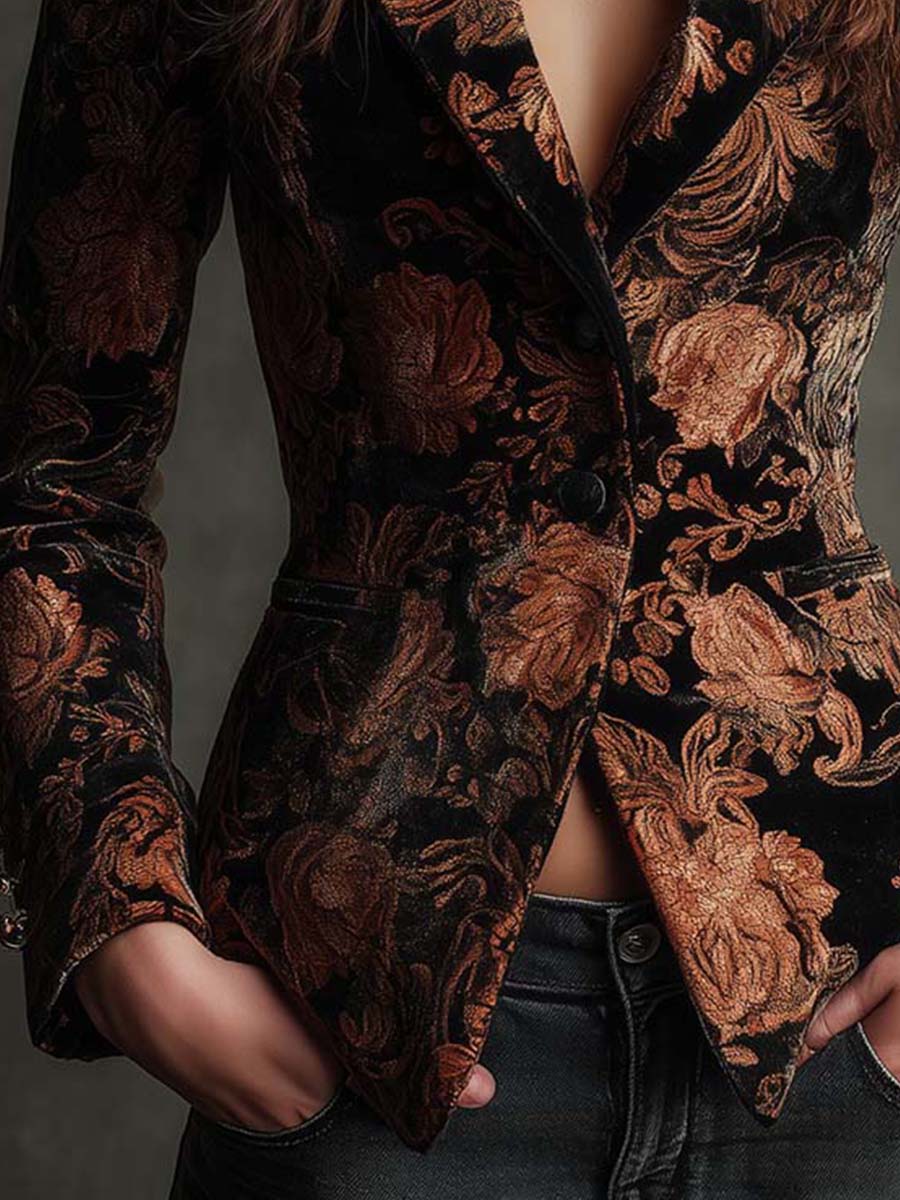 Blazer Feminino Cintado Preto e Bronze com Padrão Floral