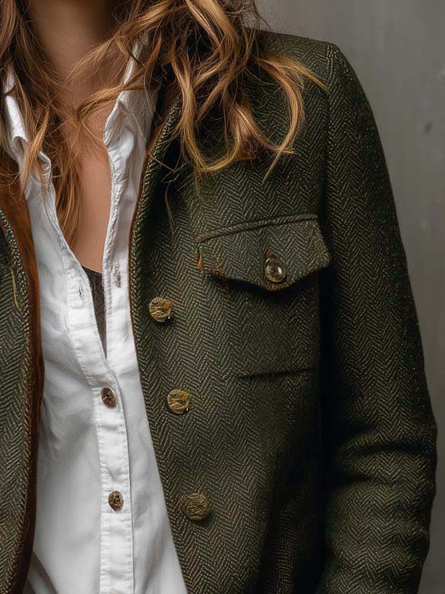 Blazer Vintage Feminino com Padrão Espinha de Peixe e Acabamentos Contrastantes