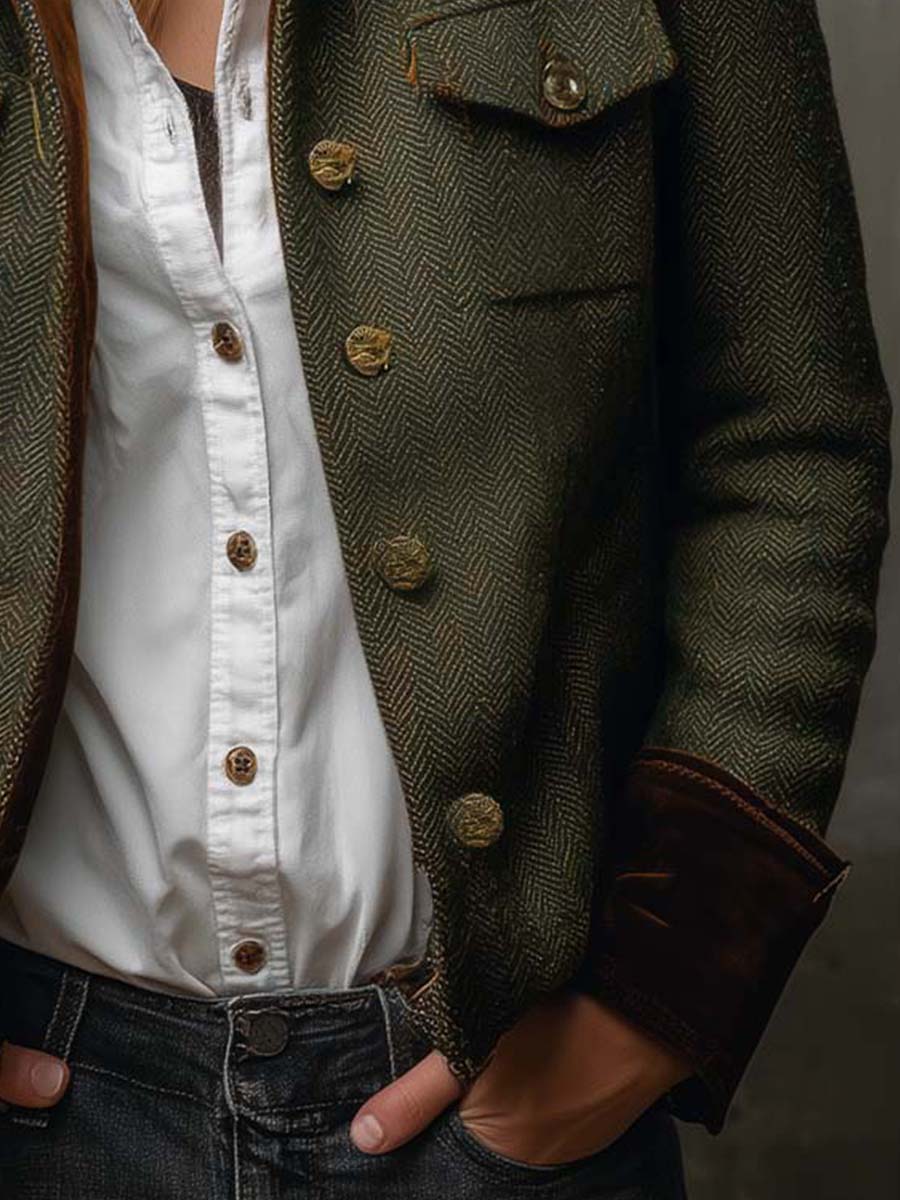 Blazer Vintage Feminino com Padrão Espinha de Peixe e Acabamentos Contrastantes