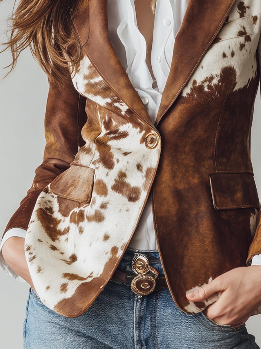 Blazer Vintage Feminino com Padrão de Vaca – Opção Sustentável