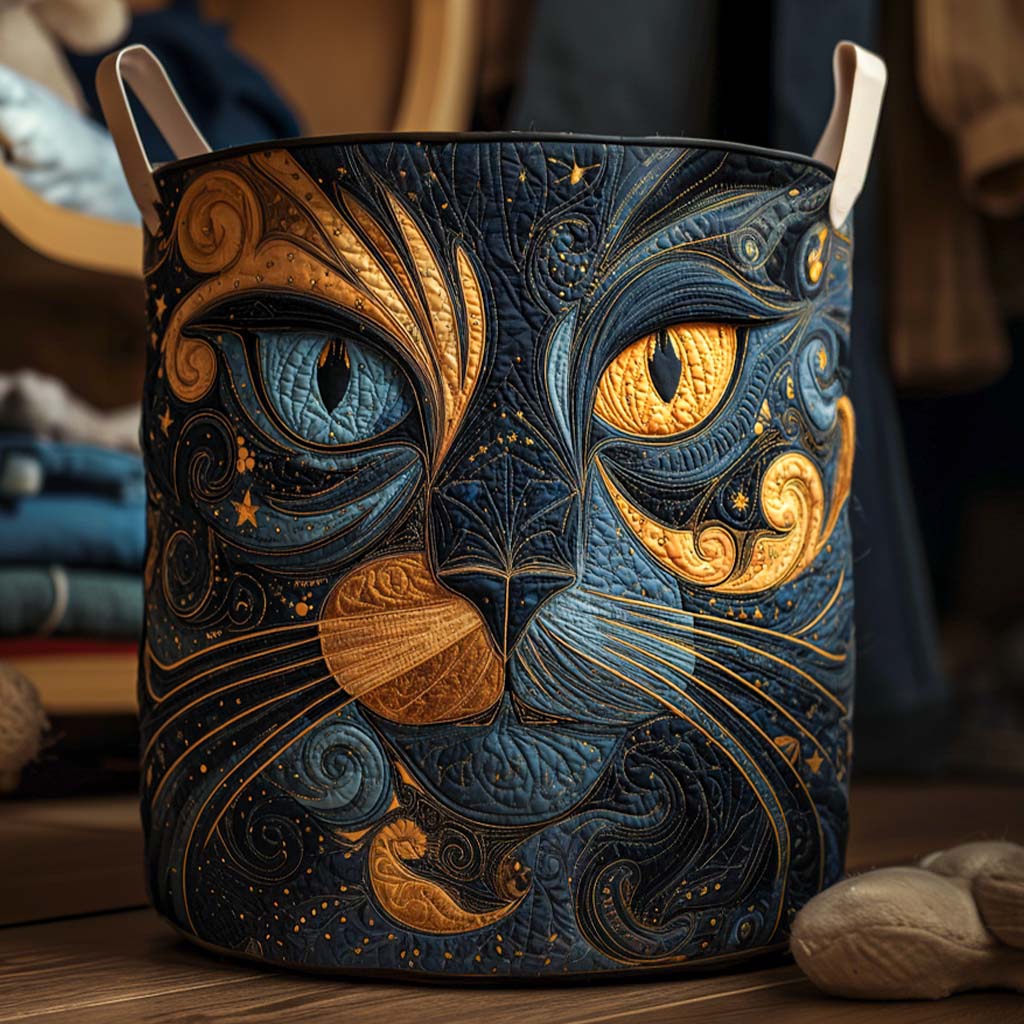 Cesto acolchoado com gato sob um céu estrelado