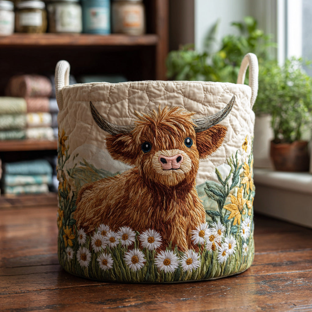 Cesto acolchoado com vaca Highland entre flores