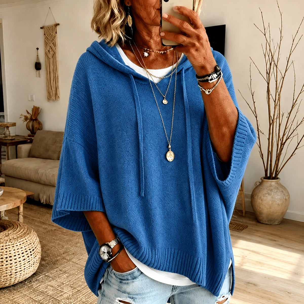 Rowena | Camisola Poncho com Capuz em Azul