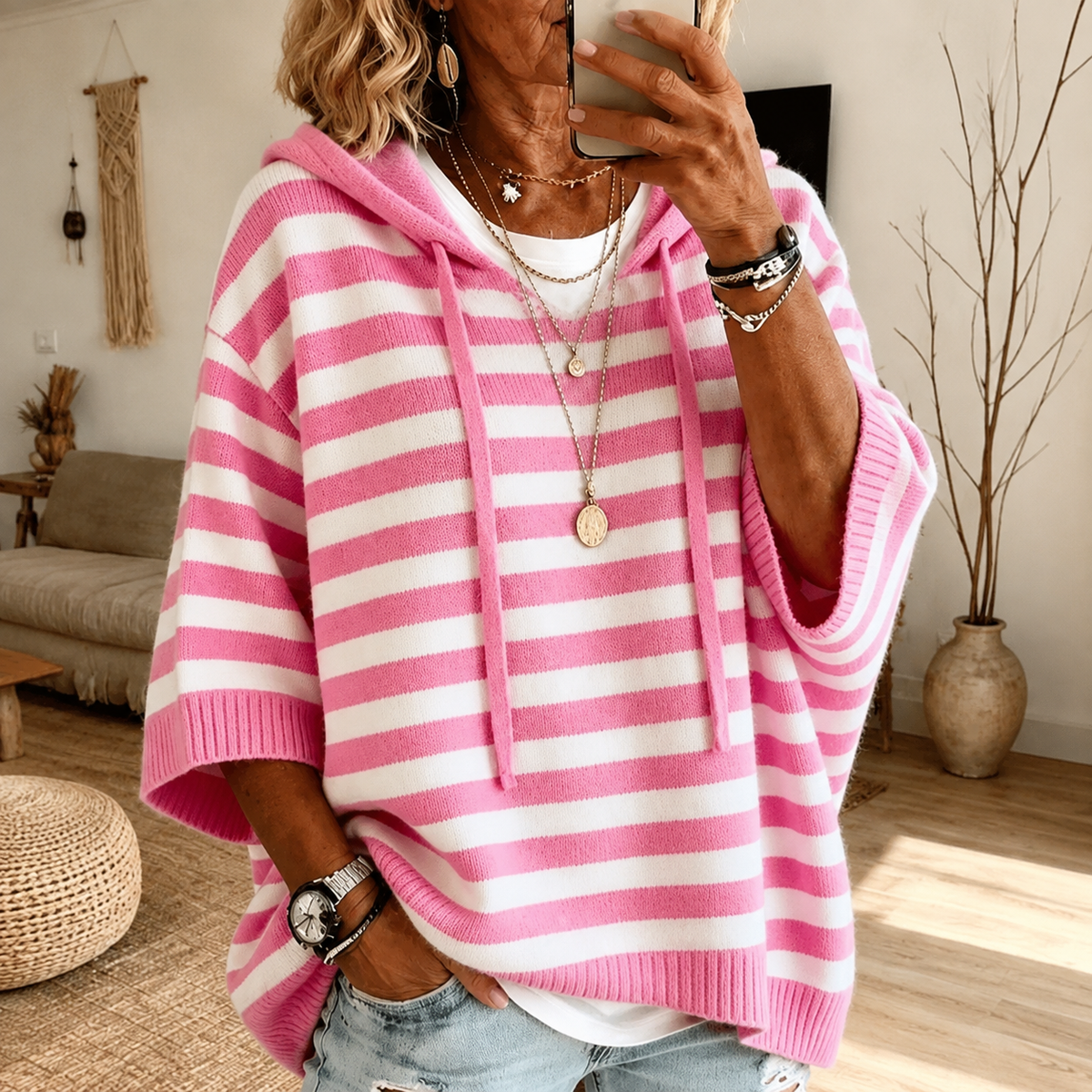 Émilie | Camisola Poncho às Riscas com Capuz em Rosa