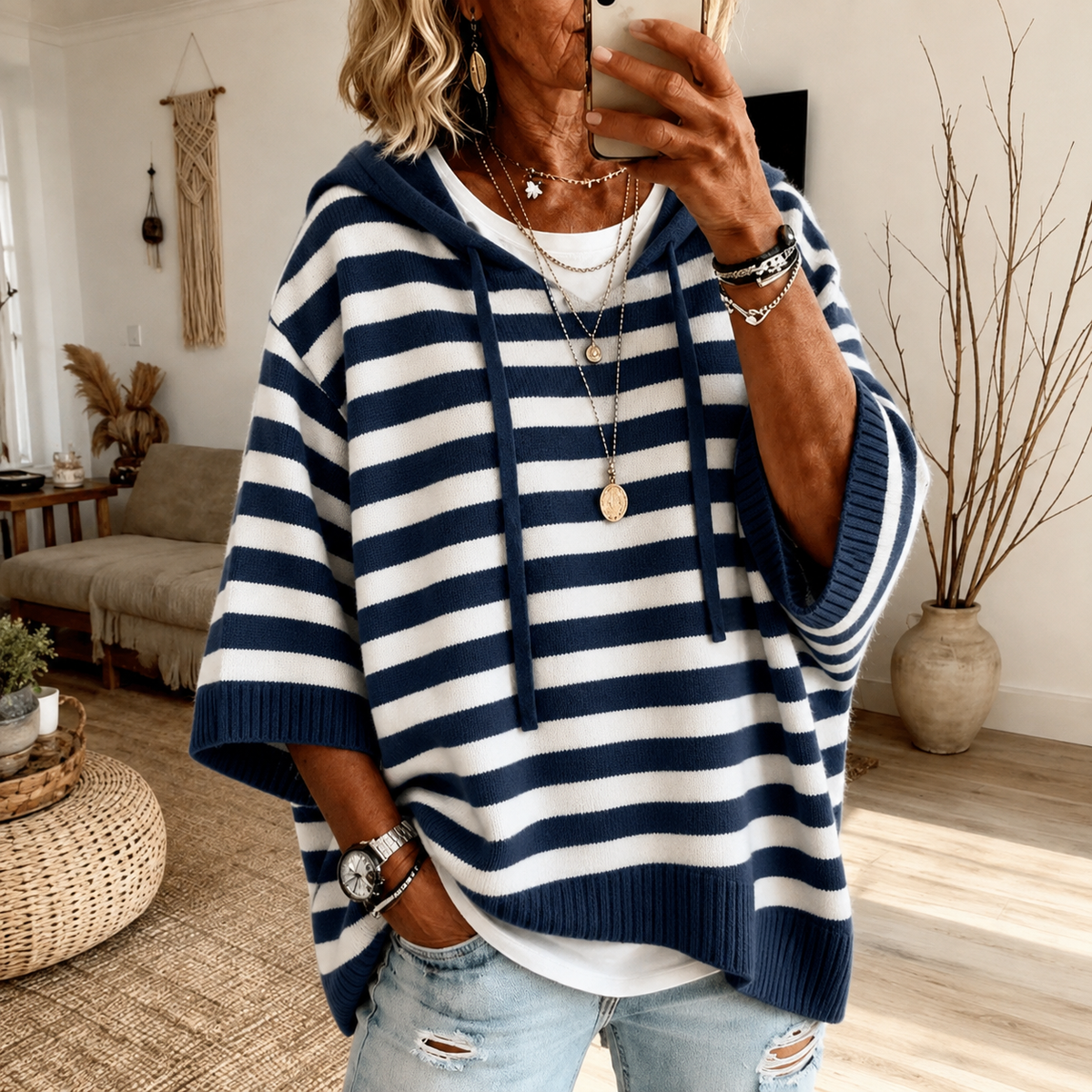 Marine | Camisola Poncho às Riscas com Capuz