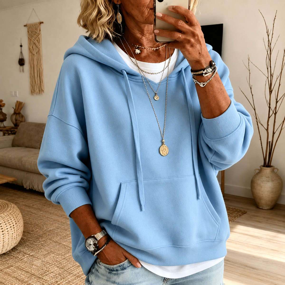 Inès | Hoodie Oversized Azul-Celeste com Bolso Canguru