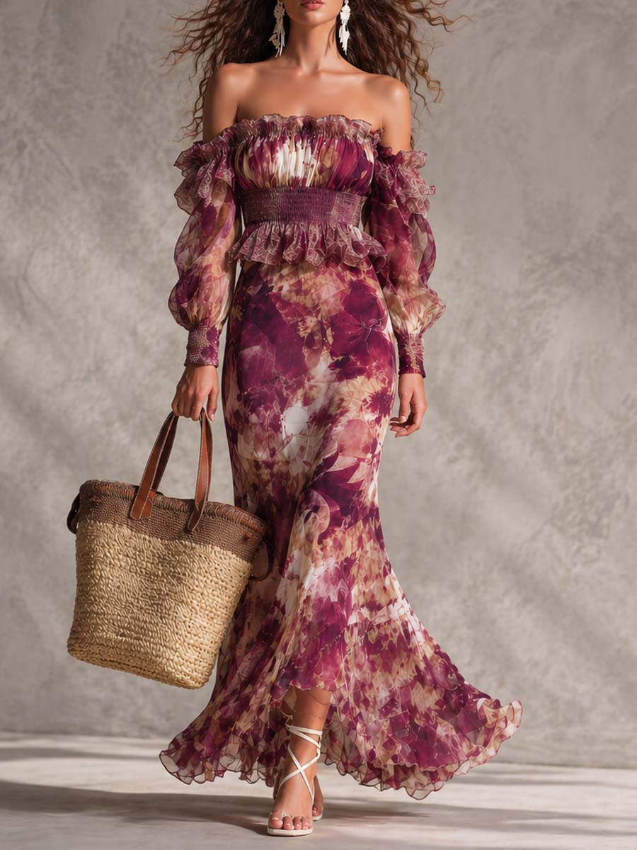Vestido maxi rosa antigo em chiffon com estampado floral e ombros descobertos