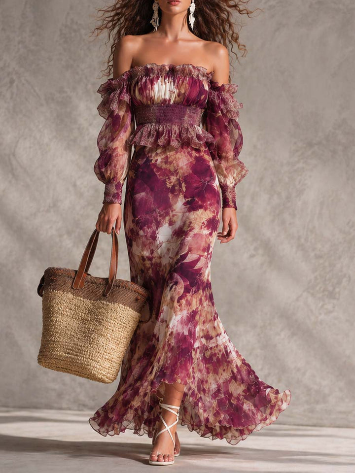 Vestido maxi rosa antigo em chiffon com estampado floral e ombros descobertos