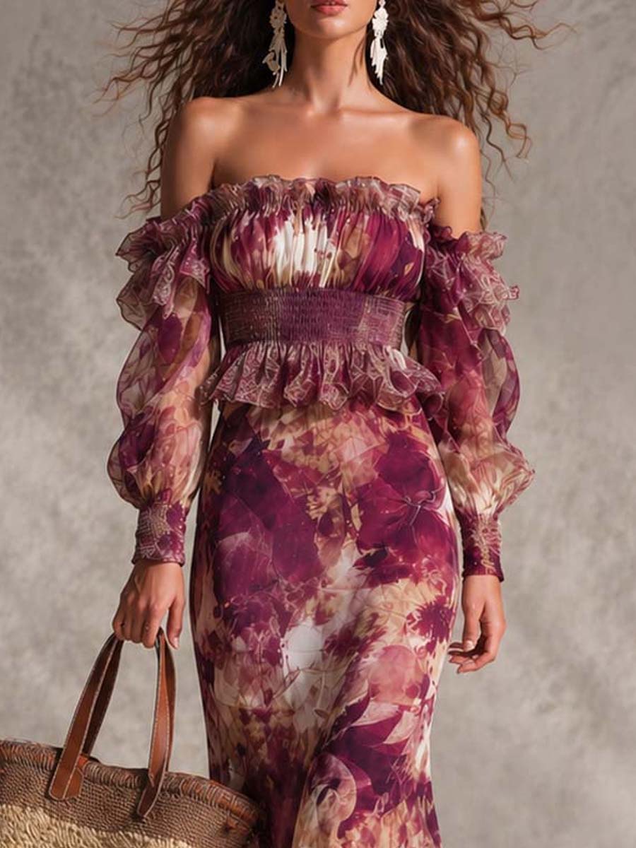 Vestido maxi rosa antigo em chiffon com estampado floral e ombros descobertos
