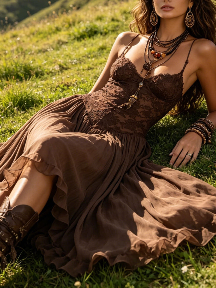 Amelie – Vestido Maxi de Chiffon Castanho-Escuro