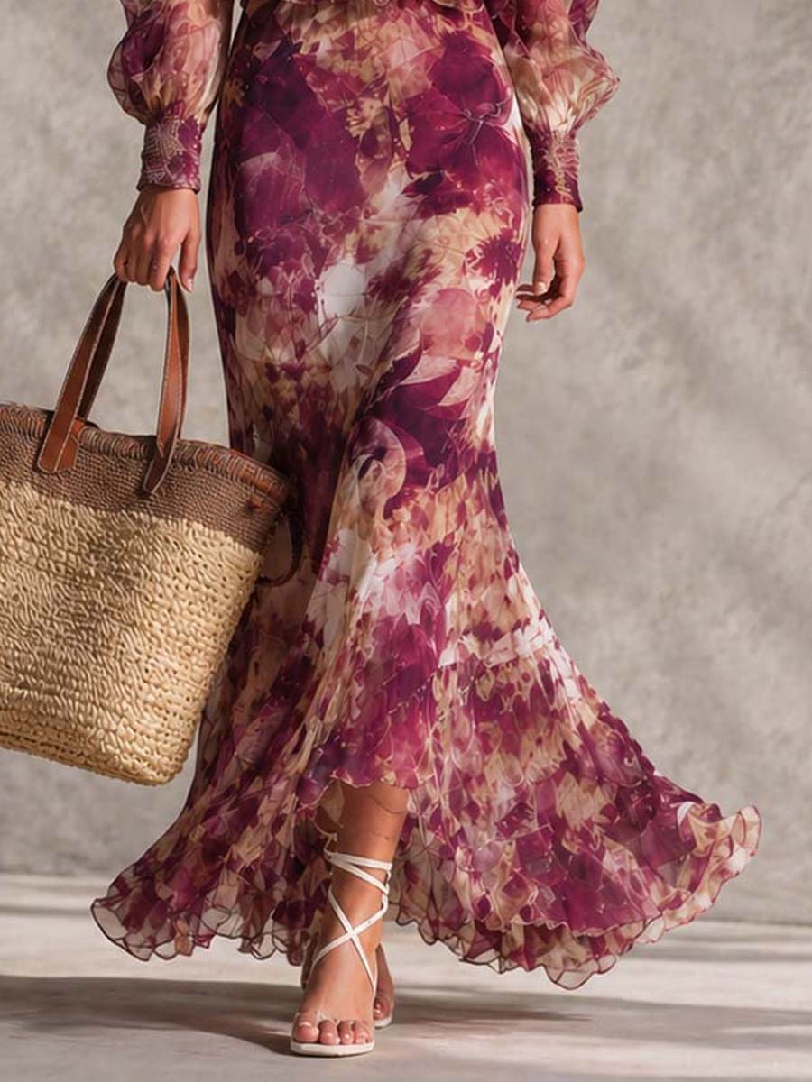Vestido maxi rosa antigo em chiffon com estampado floral e ombros descobertos