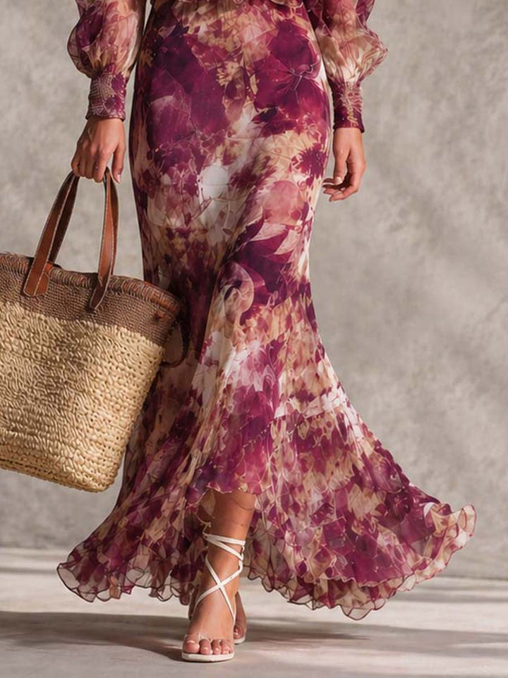 Vestido maxi rosa antigo em chiffon com estampado floral e ombros descobertos