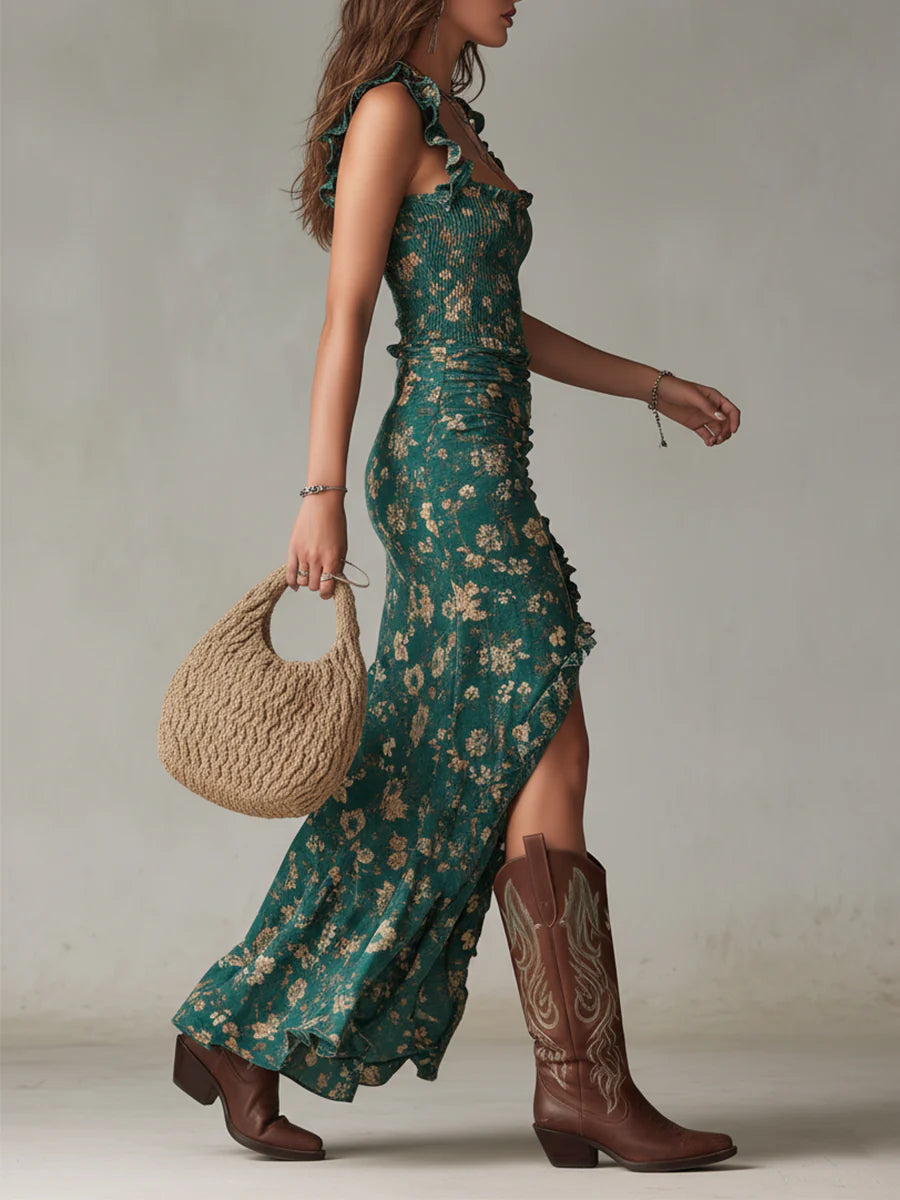 Vestido maxi boémio com estampado verde e mangas com folhos