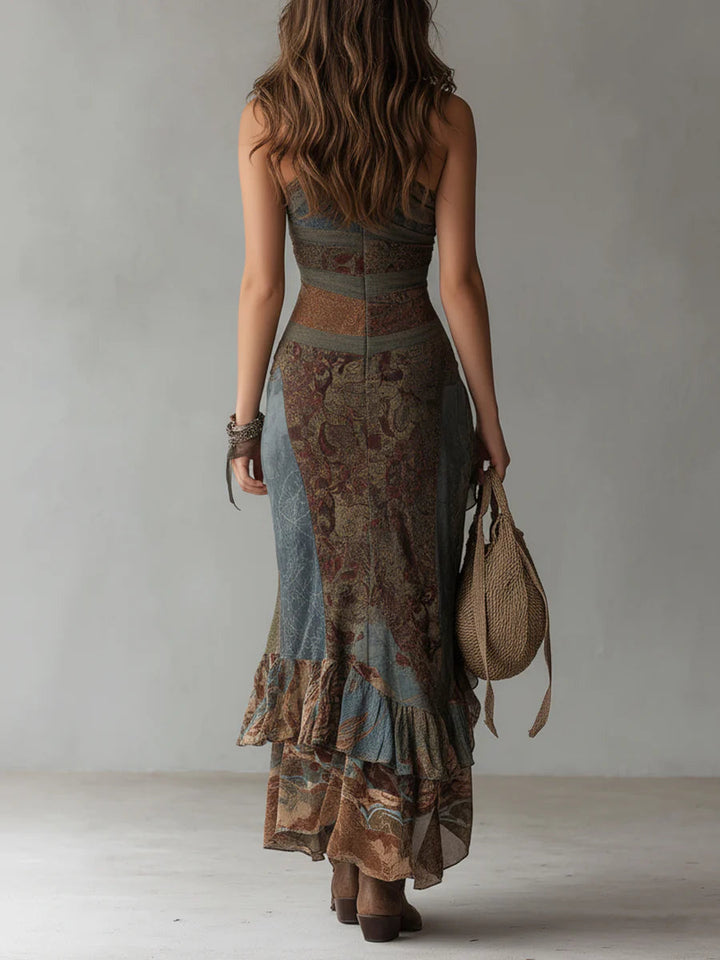 Vestido maxi de estilo étnico com estampado, um ombro e fenda alta