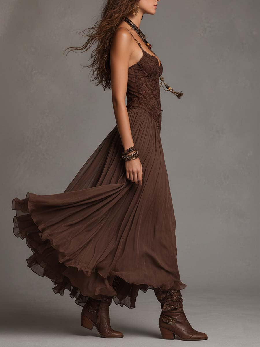 Amelie – Vestido Maxi de Chiffon Castanho-Escuro