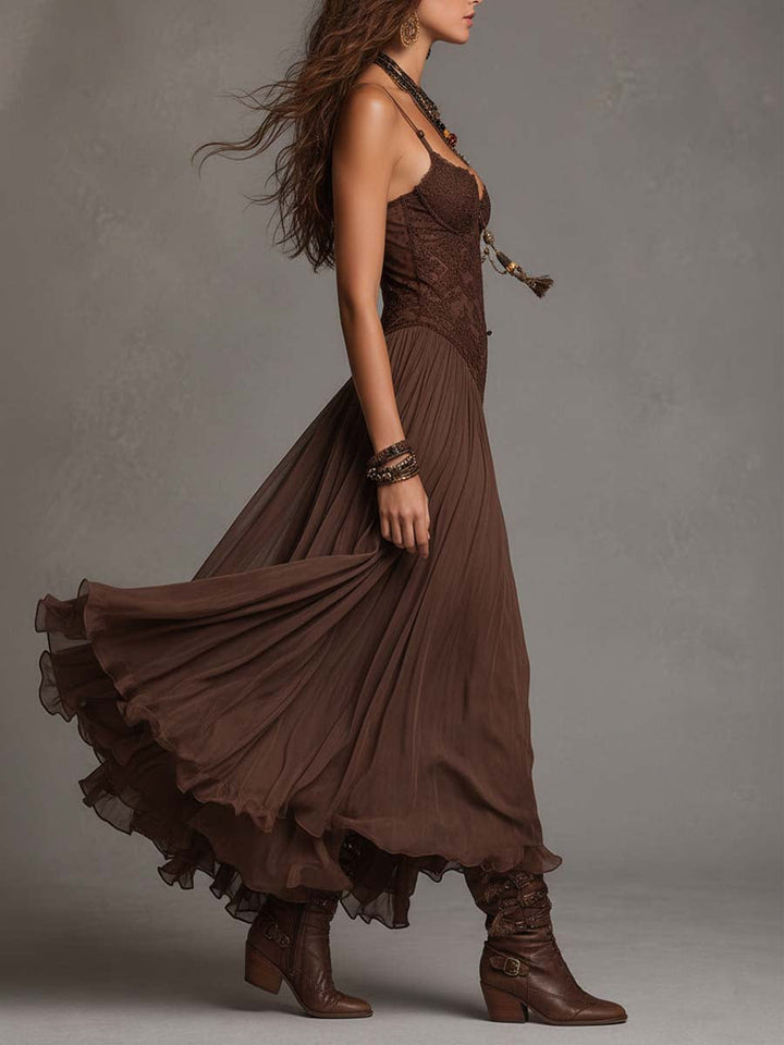 Amelie – Vestido Maxi de Chiffon Castanho-Escuro