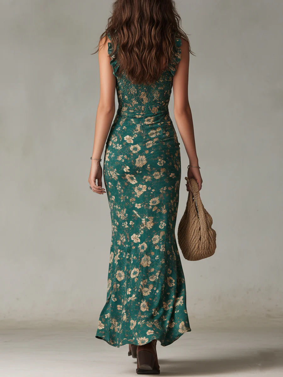 Vestido maxi boémio com estampado verde e mangas com folhos