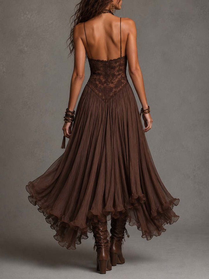 Amelie – Vestido Maxi de Chiffon Castanho-Escuro