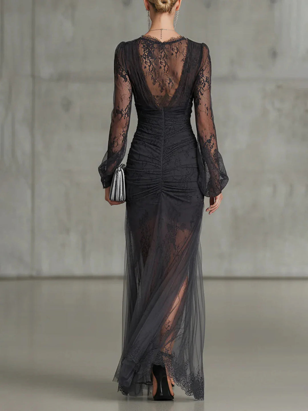 Sofia | Vestido Maxi Cinzento-Escuro com Renda e Folhos