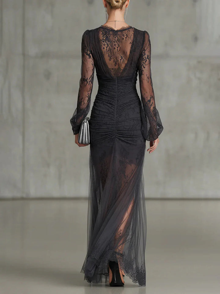 Sofia | Vestido Maxi Cinzento-Escuro com Renda e Folhos