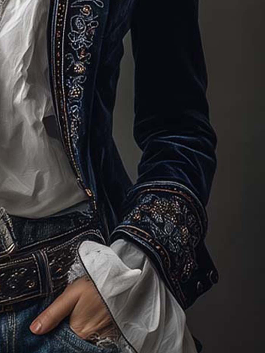 Casaco Longo Vintage Feminino Azul-Marinho com Bordado