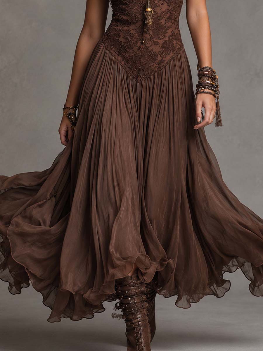 Amelie – Vestido Maxi de Chiffon Castanho-Escuro