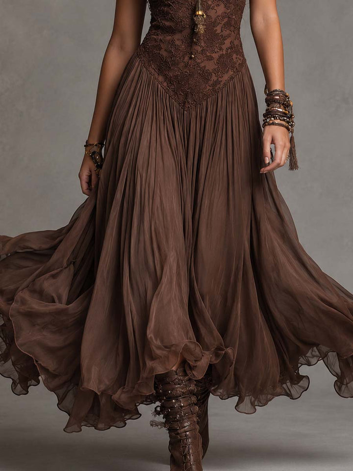 Amelie – Vestido Maxi de Chiffon Castanho-Escuro