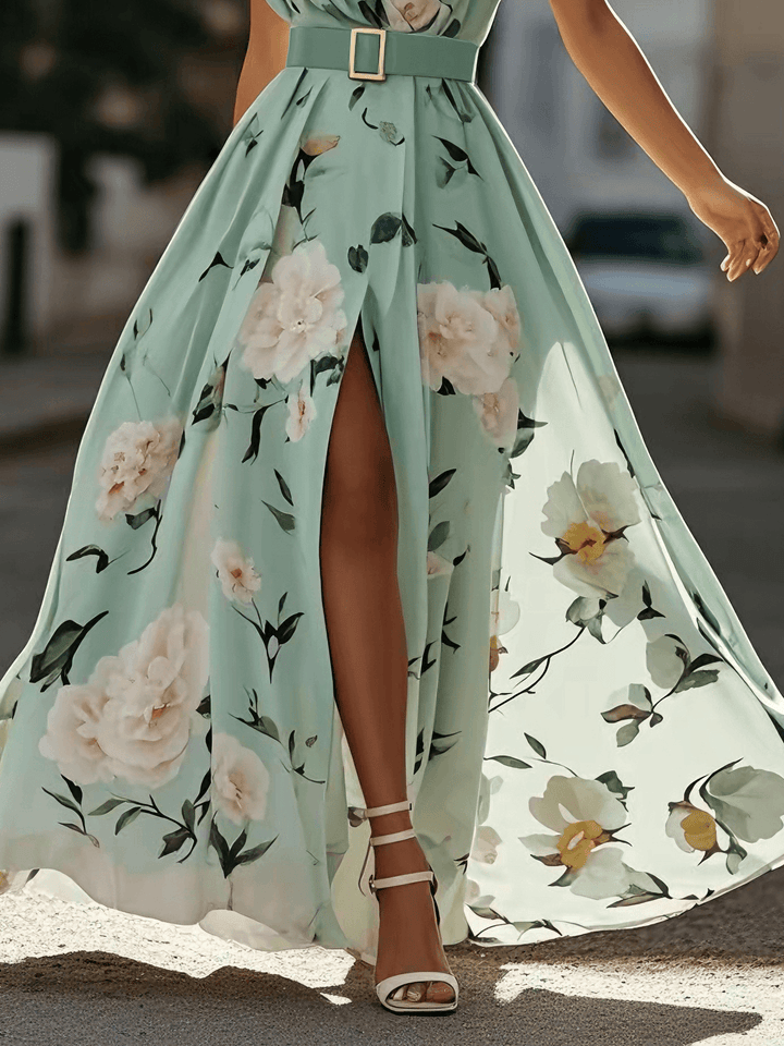 Julie | Vestido Maxi de Chiffon Verde com Estampado Floral