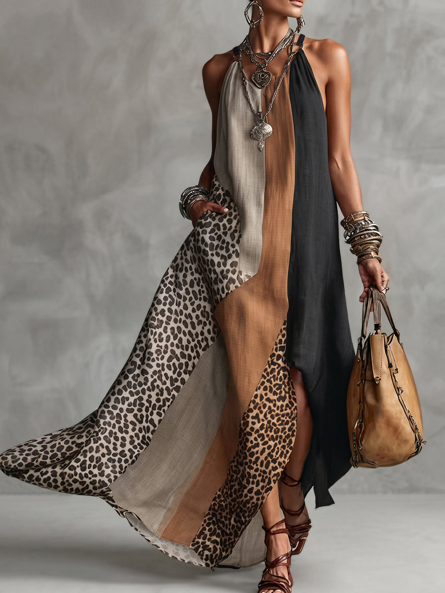 LUCIA | Vestido Maxi Frente Única com Estampado Leopardo e Painéis Assimétricos