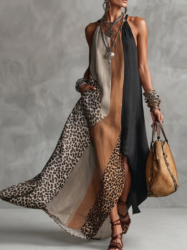 LUCIA | Vestido Maxi Frente Única com Estampado Leopardo e Painéis Assimétricos
