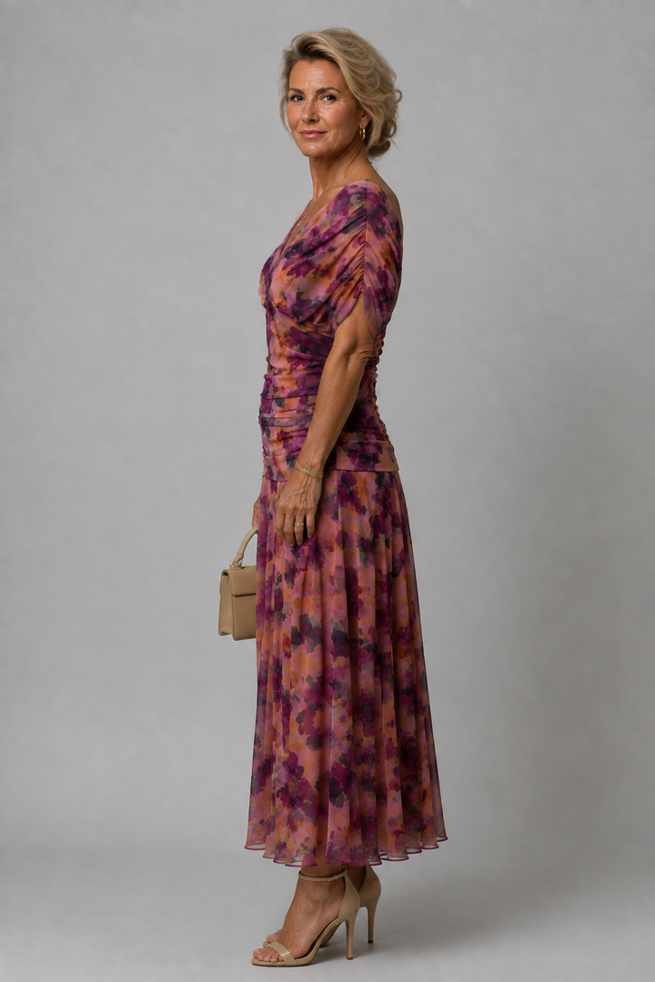 Ariane | Vestido midi drapeado com ombros descobertos