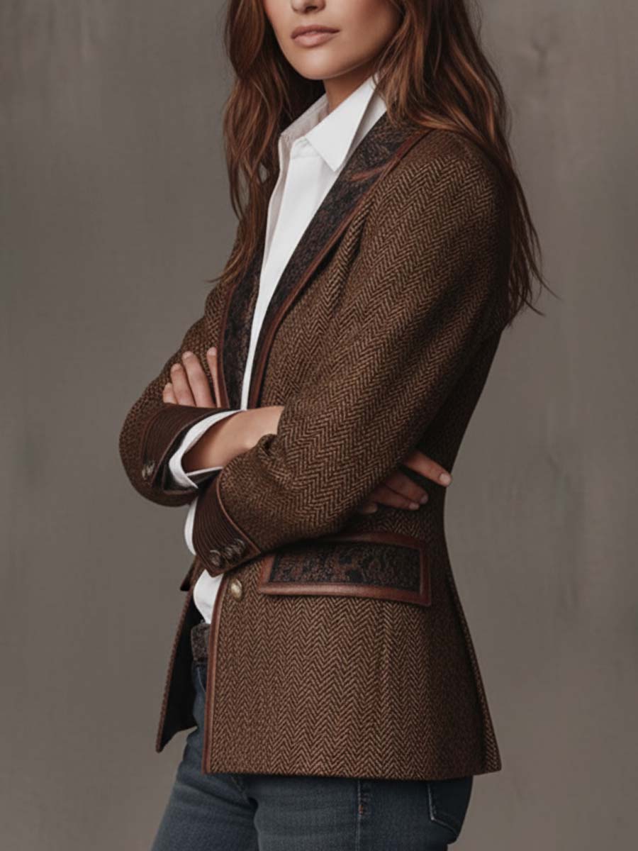 Blazer Feminino com Padrão Espinha de Peixe e Detalhes Estampados