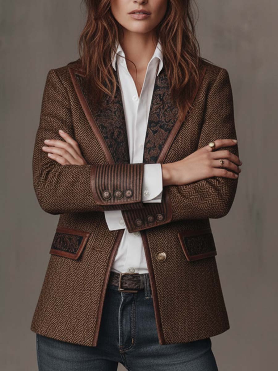 Blazer Feminino com Padrão Espinha de Peixe e Detalhes Estampados