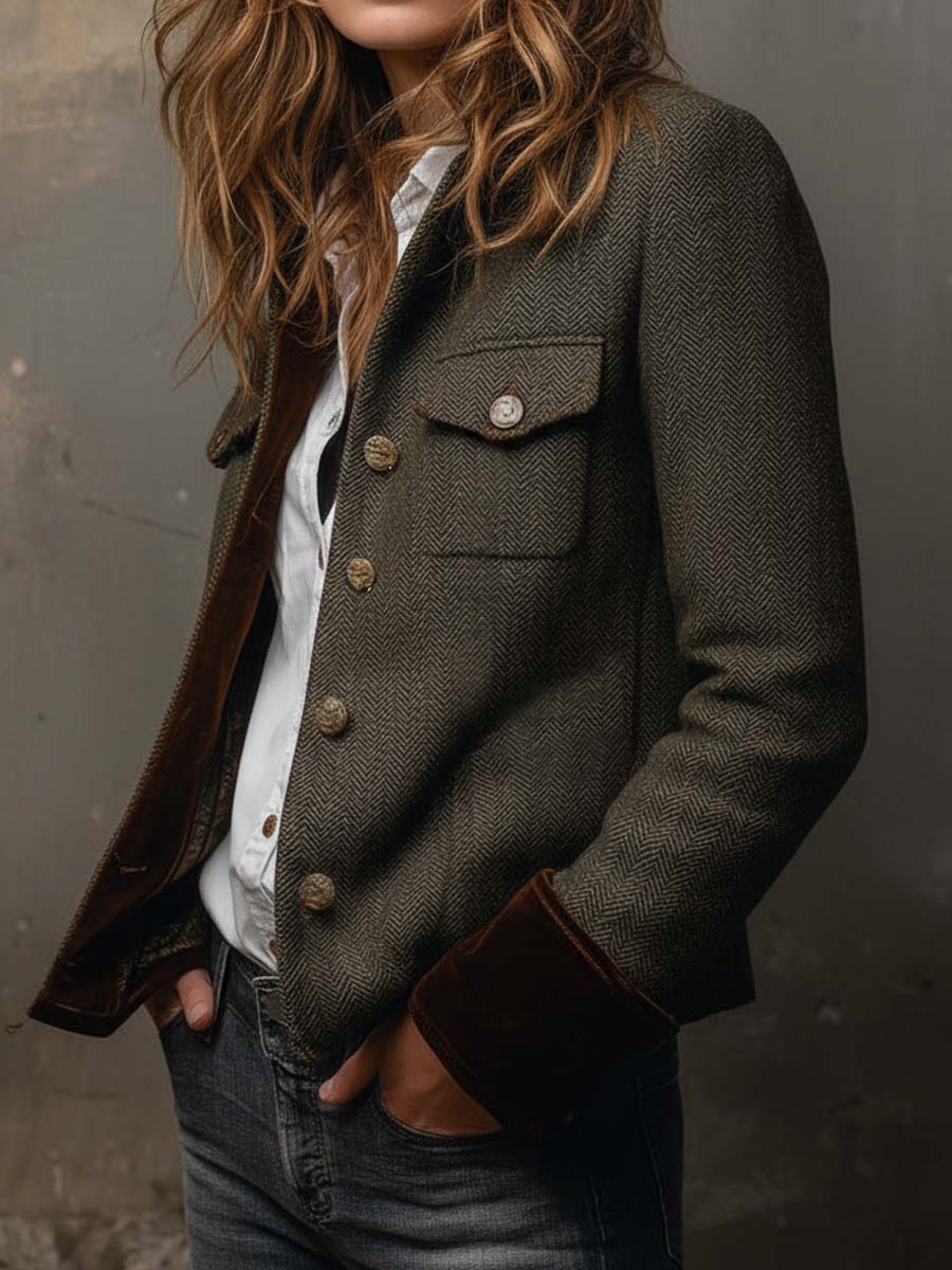Blazer Vintage Feminino com Padrão Espinha de Peixe e Acabamentos Contrastantes
