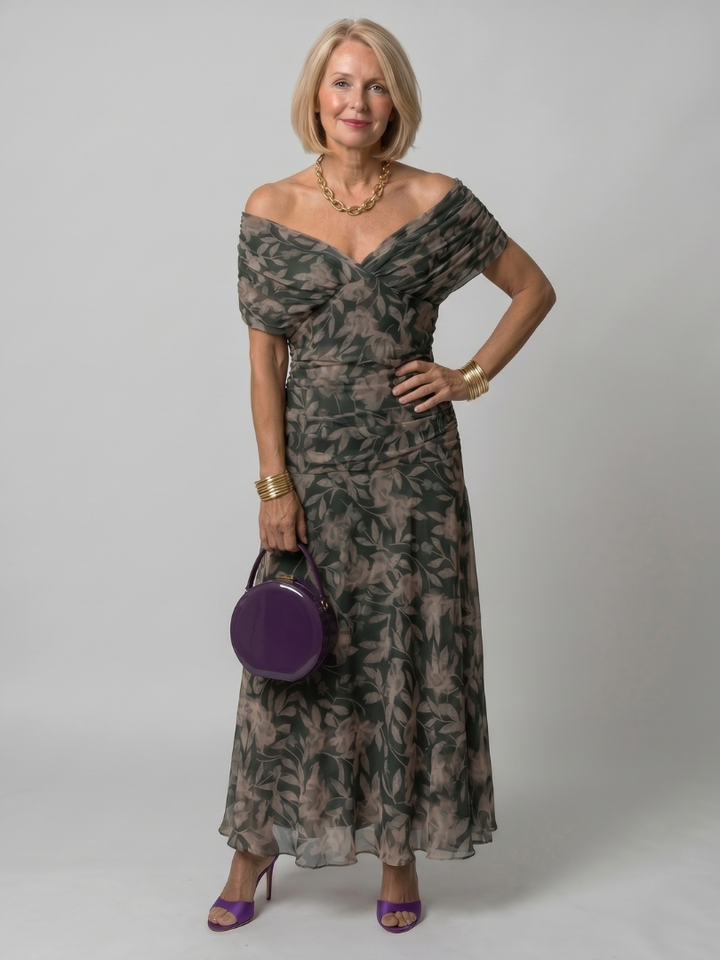 Calen | Vestido midi leve com ombros descobertos