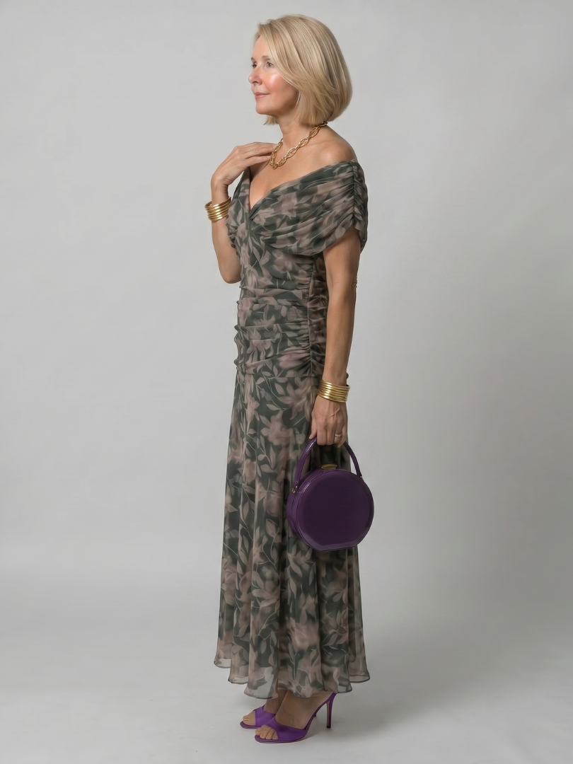 Calen | Vestido midi leve com ombros descobertos