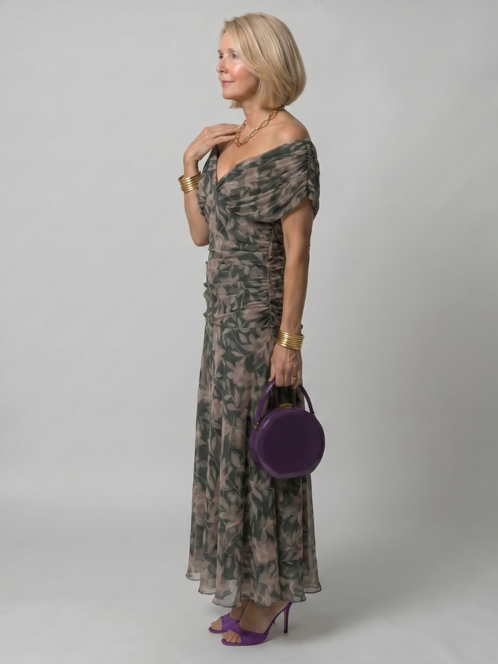 Calen | Vestido midi leve com ombros descobertos