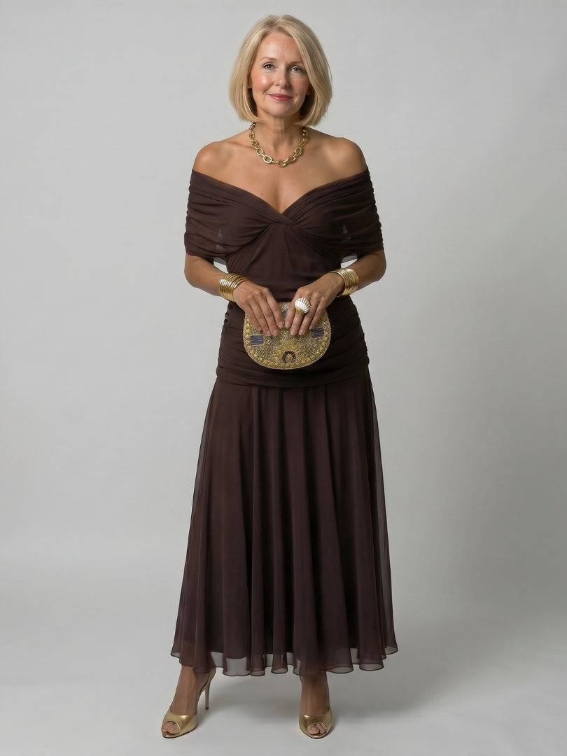 Calen | Vestido midi leve com ombros descobertos