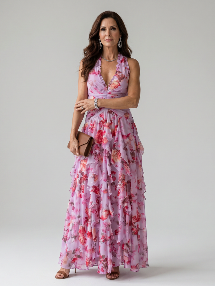 Nori | Vestido maxi floral com decote coração e corpete com folhos