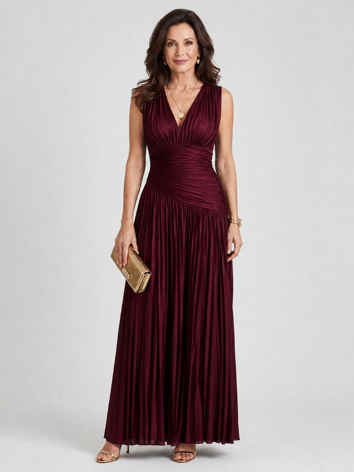 Lemar™ - Vestido Midi Plissado Sem Mangas com Decote em V
