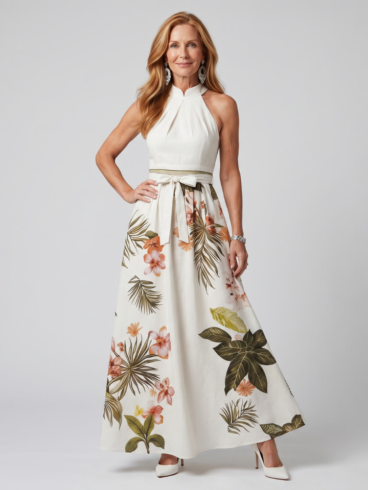 Meadow | Vestido maxi com decote drapeado e painéis botânicos