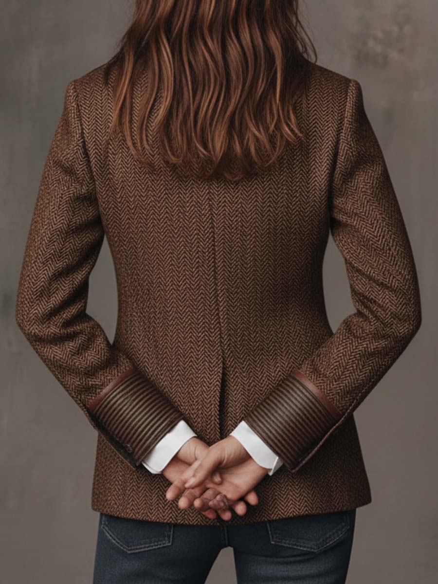 Blazer Feminino com Padrão Espinha de Peixe e Detalhes Estampados