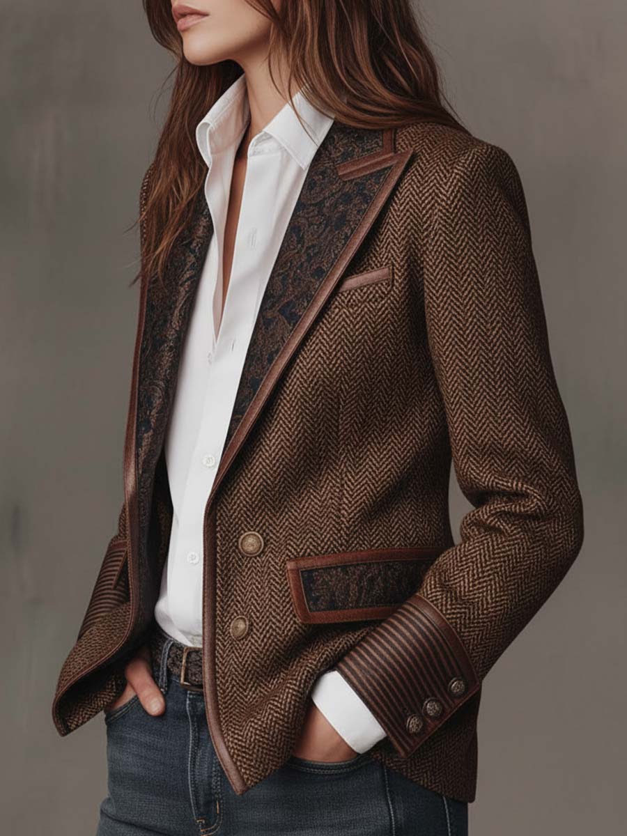 Blazer Feminino com Padrão Espinha de Peixe e Detalhes Estampados