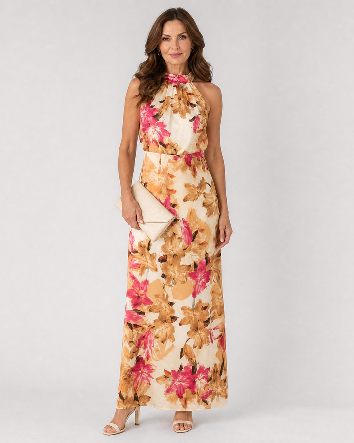 Cekel | Vestido midi com estampado botânico, costas abertas e saia fluida